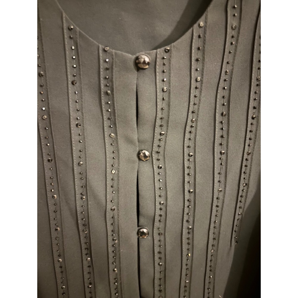 Liz Claiborne Petite Black Dressy Top Button Up‎ Embellished Blouse
